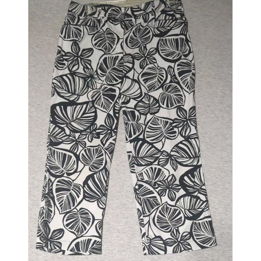Talbots Sz 10 Petite Capris Tropical Print  Cotton Stretch Front Zip  Belt Loops